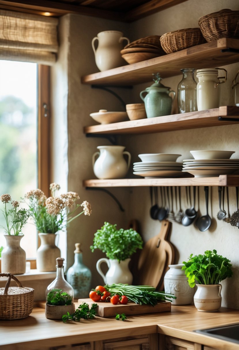 A kitchen countertop with decorative jars, baskets, fresh herbs, and kitchen utensils arranged neatly under natural light.