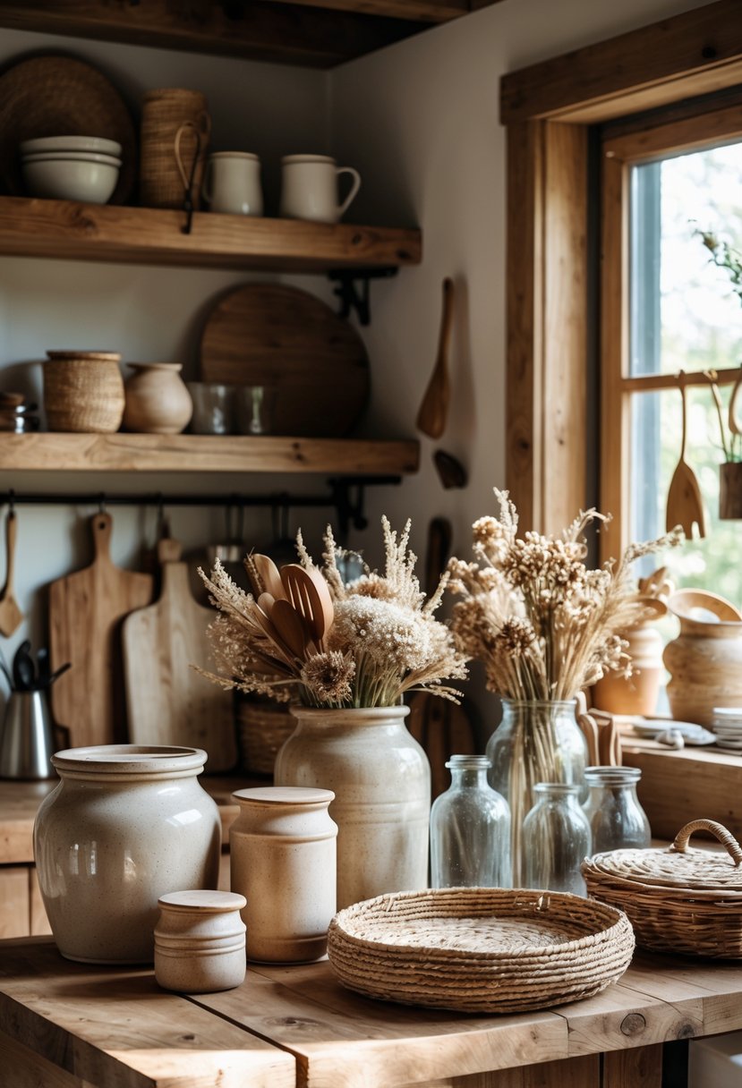 A rustic kitchen countertop with wooden decor items, ceramic jars, woven baskets, and dried flowers under natural light.