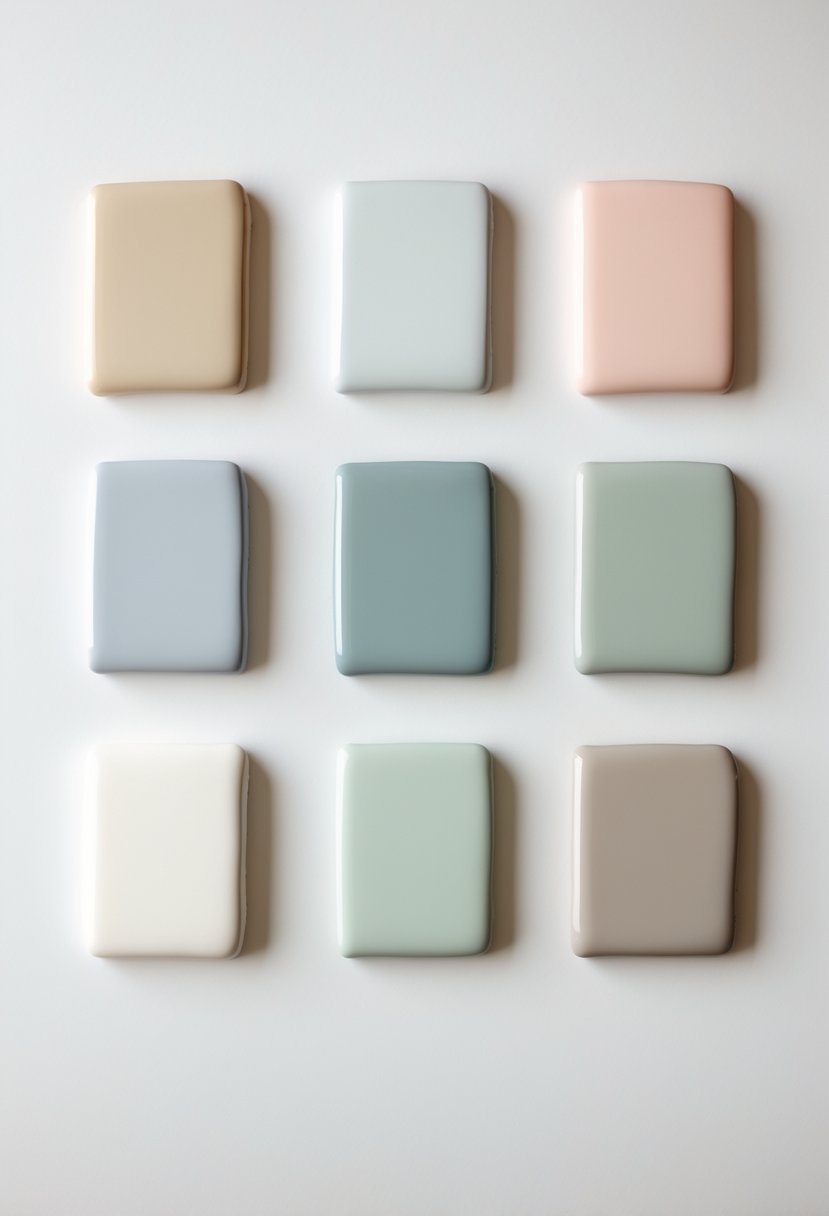 Seven rectangular paint color swatches in different muted tones arranged in a row on a white background.