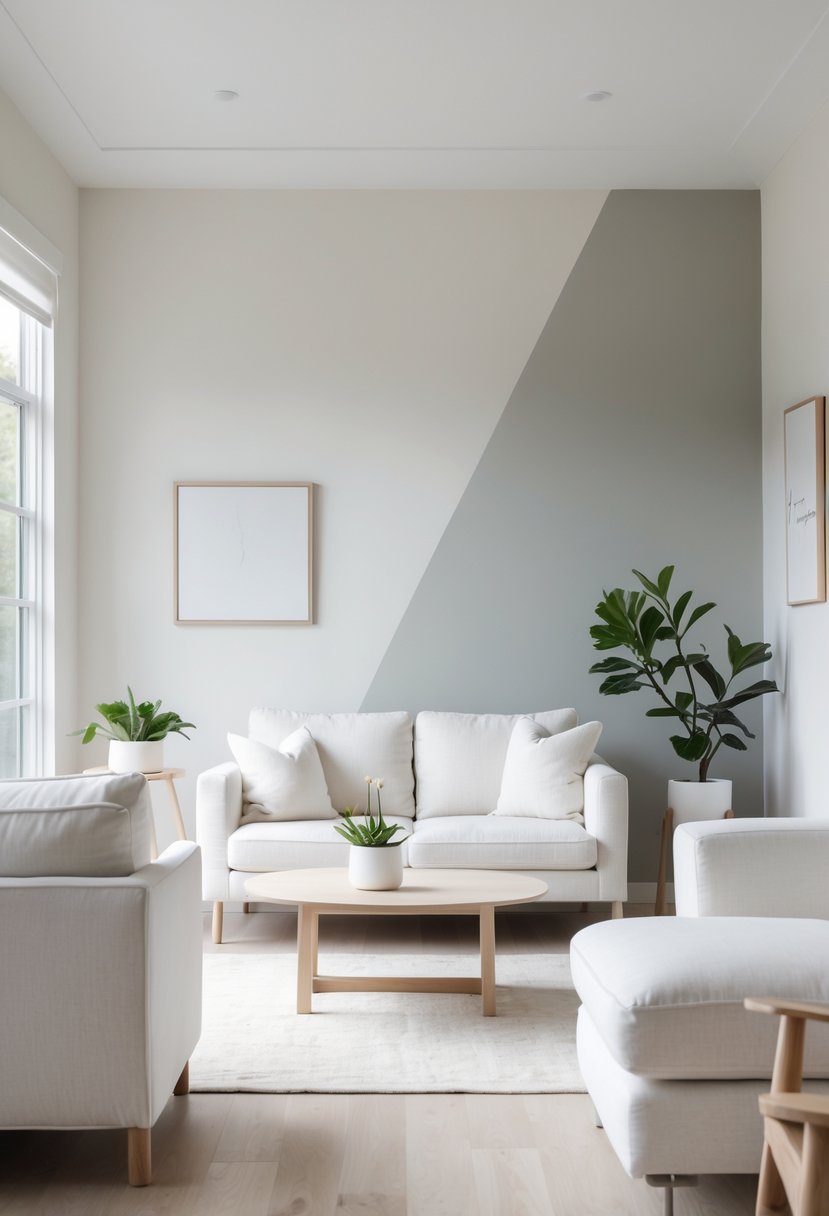 A bright living room with neutral off-white and light gray walls, a white sofa, wooden coffee table, and a small green plant by large windows.