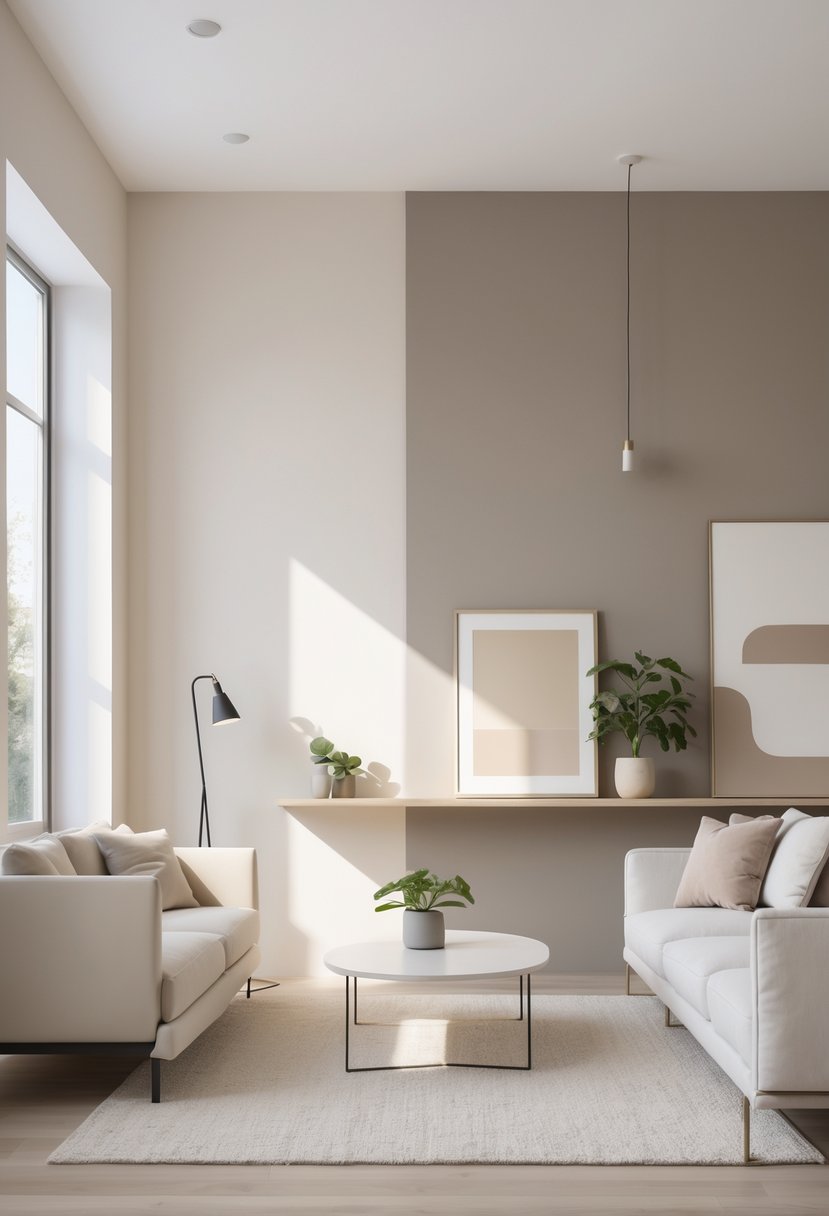 A bright living room with neutral colored walls and simple modern furniture illuminated by natural light.