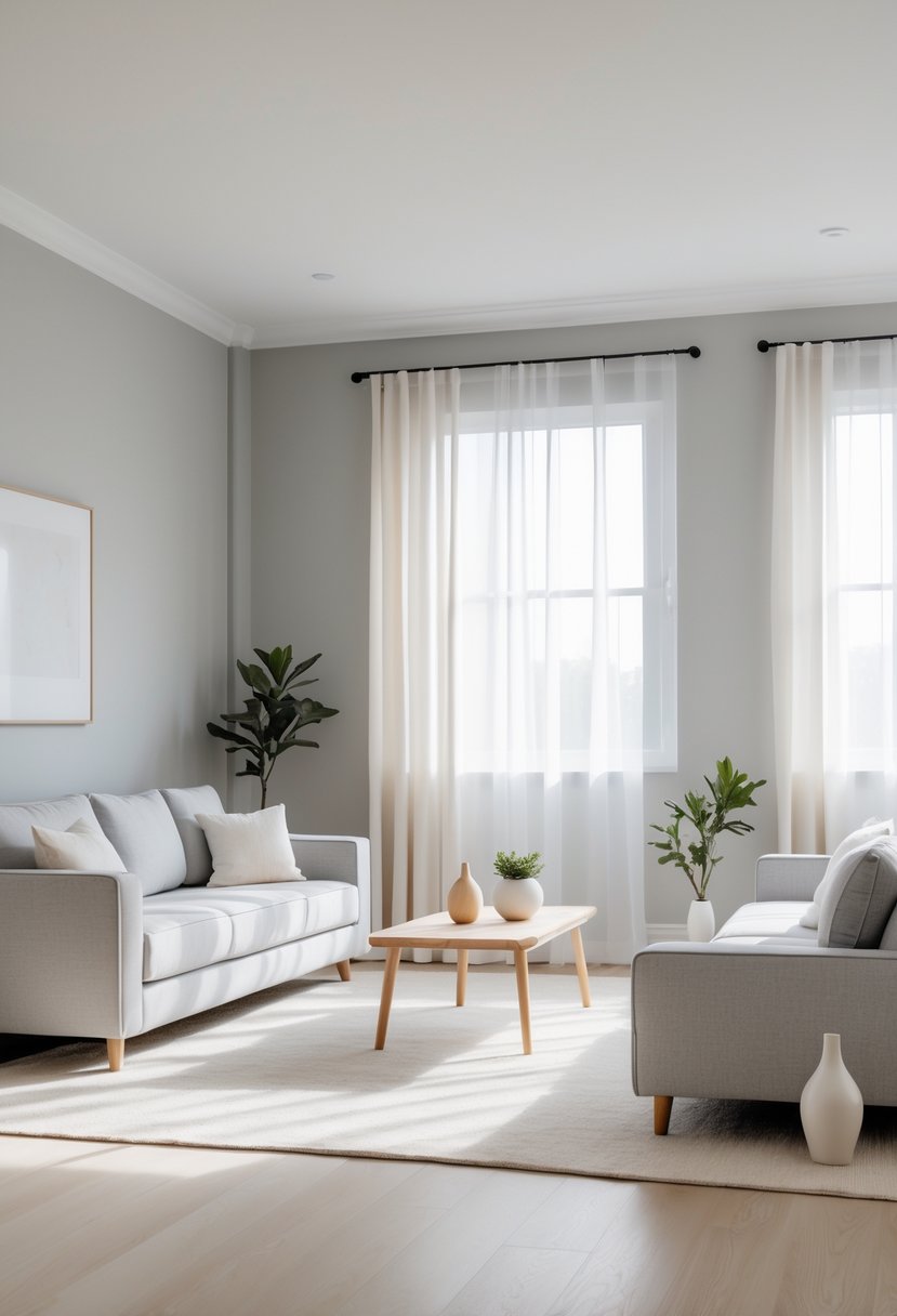 A bright living room with light gray walls, a gray sofa, wooden coffee table, and natural light coming through large windows.
