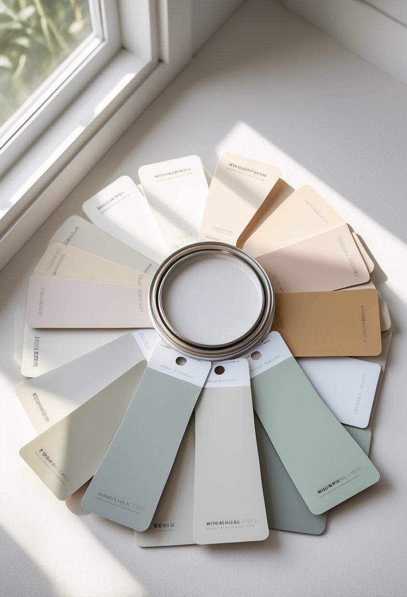Seven paint color swatches in soft neutral and gray tones arranged on a white surface.