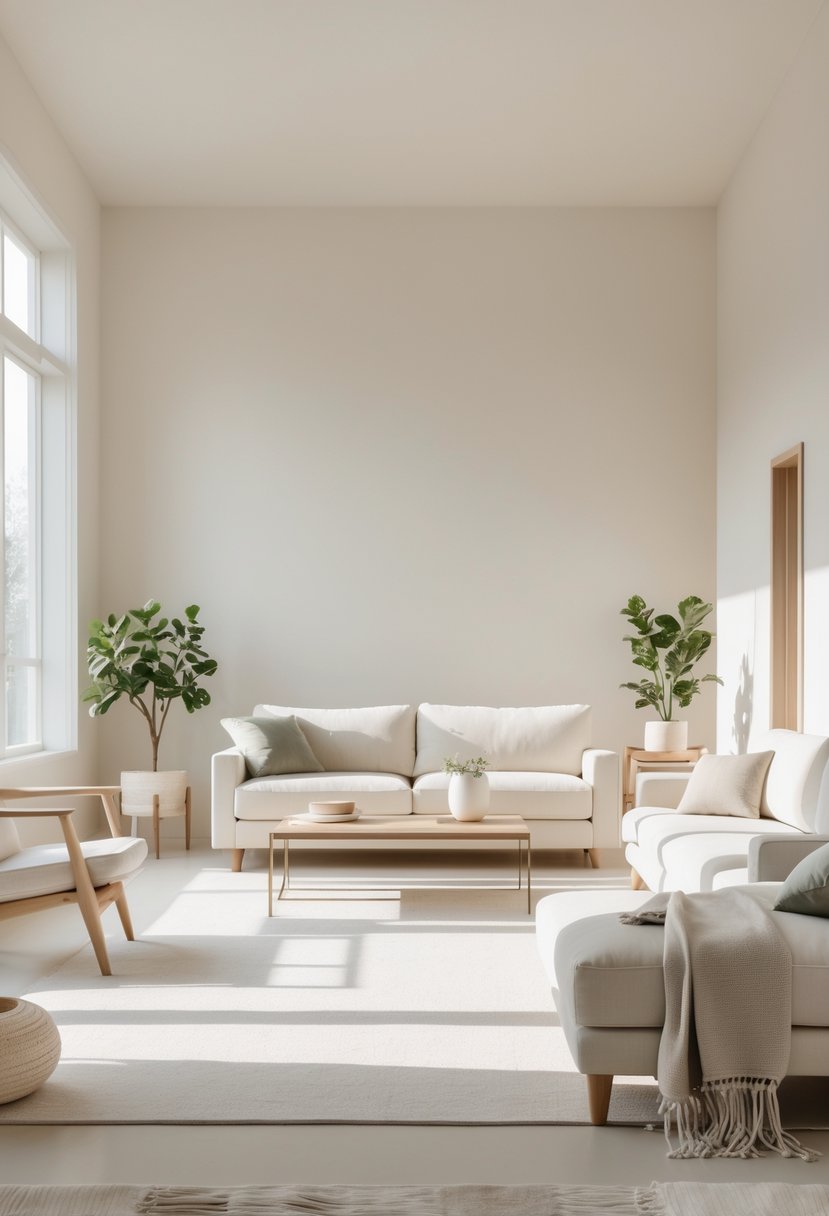 A bright living room with off-white walls, simple furniture, and green plants, illuminated by natural light from large windows.