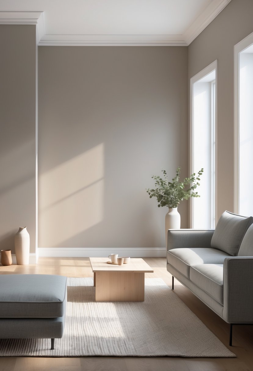 A modern living room with gray and beige walls, a gray sofa, wooden coffee table, and green plants illuminated by natural light.