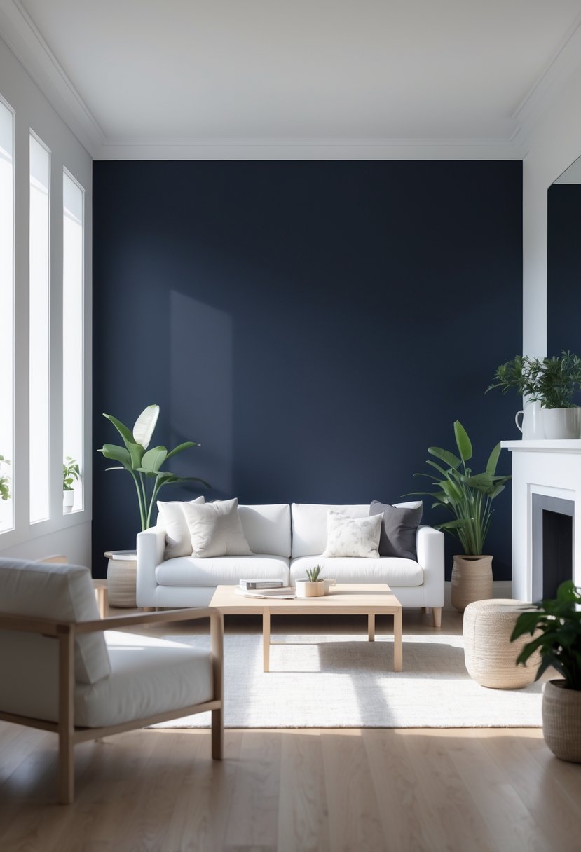 A modern living room with deep navy blue walls, white sofa, wooden coffee table, and green plants by large windows.