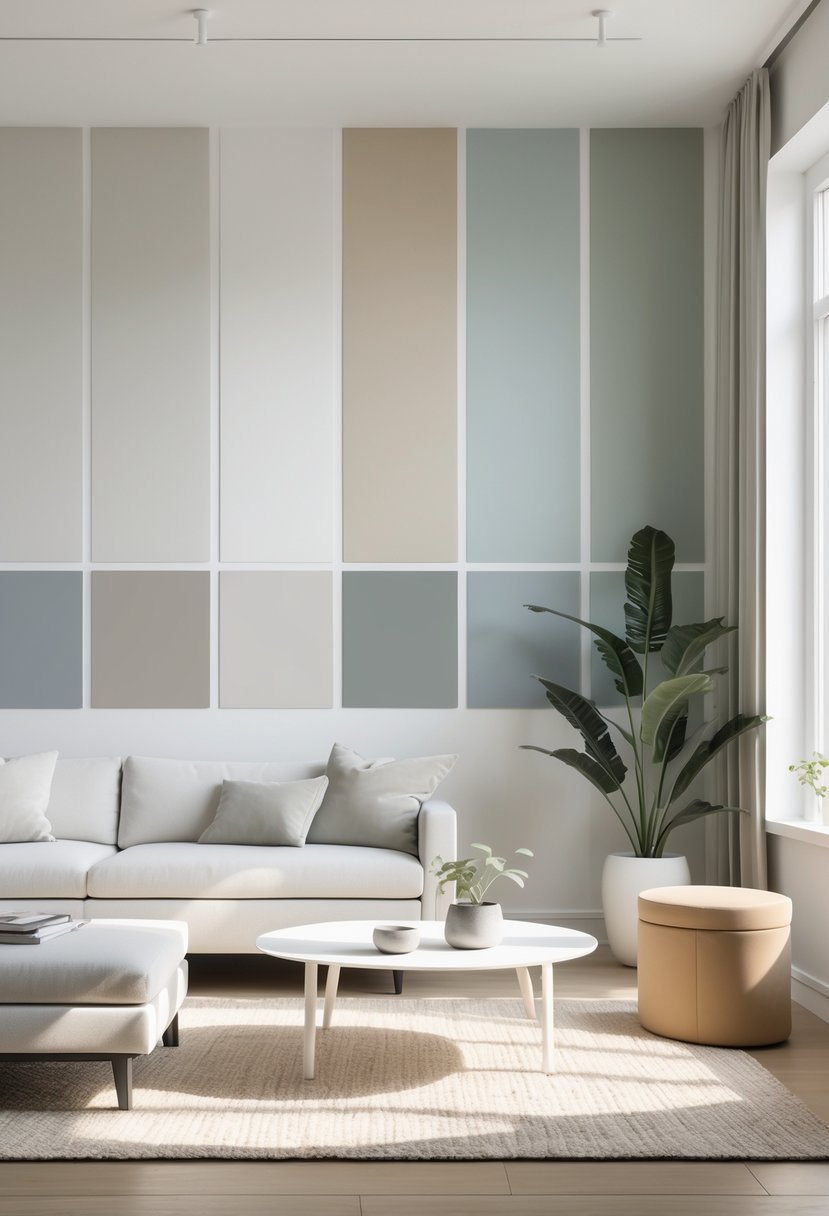 A calm living room with walls painted in seven soft, muted colors and simple modern furniture arranged neatly.