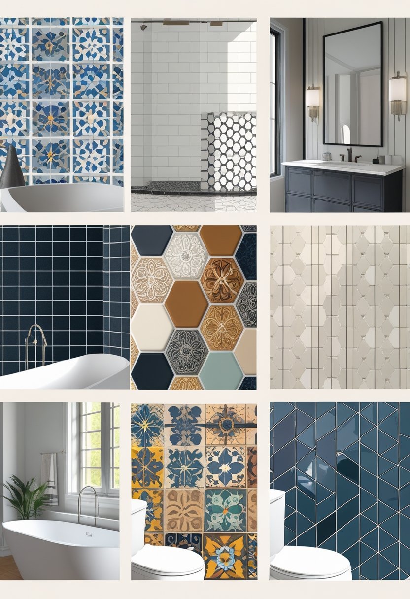 Seven different bathroom tile designs displayed side by side, showing various colors, patterns, and textures.