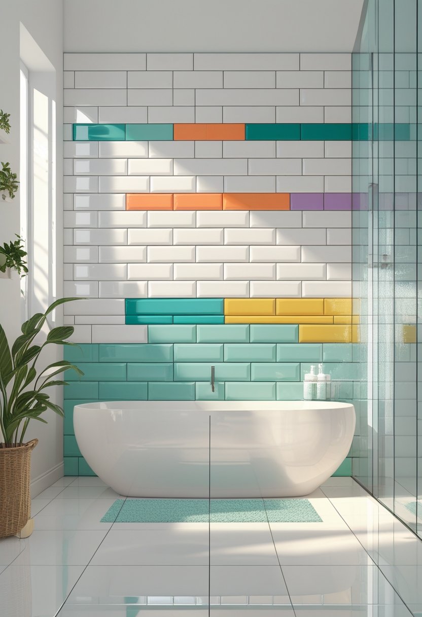 A bathroom wall with white subway tiles separated by colorful grout lines in different shades.