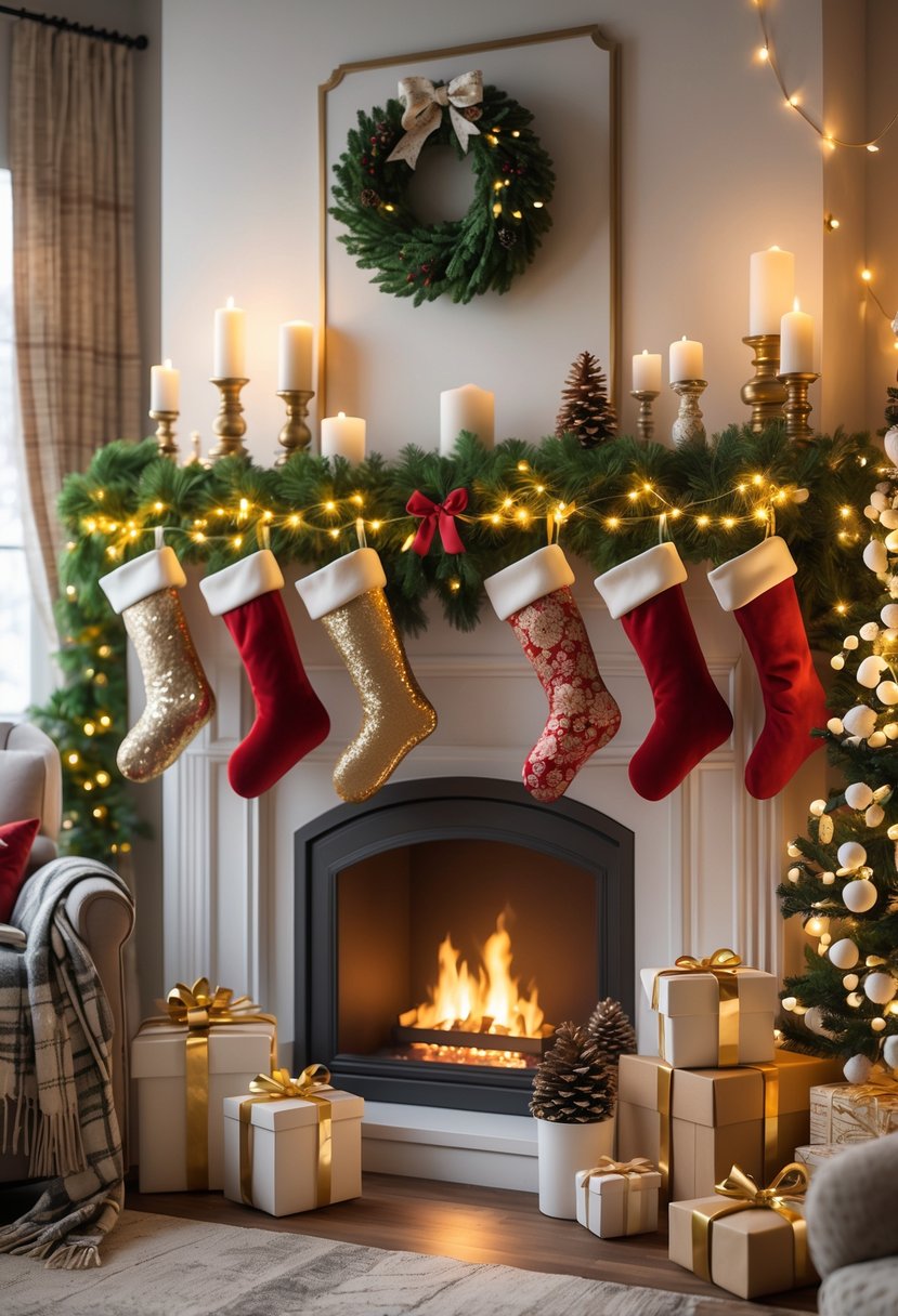A cozy living room with a Christmas fireplace mantel decorated with garlands, stockings, candles, pinecones, gift boxes, an advent calendar, and a Santa figurine, with a glowing fire and holiday decorations around.