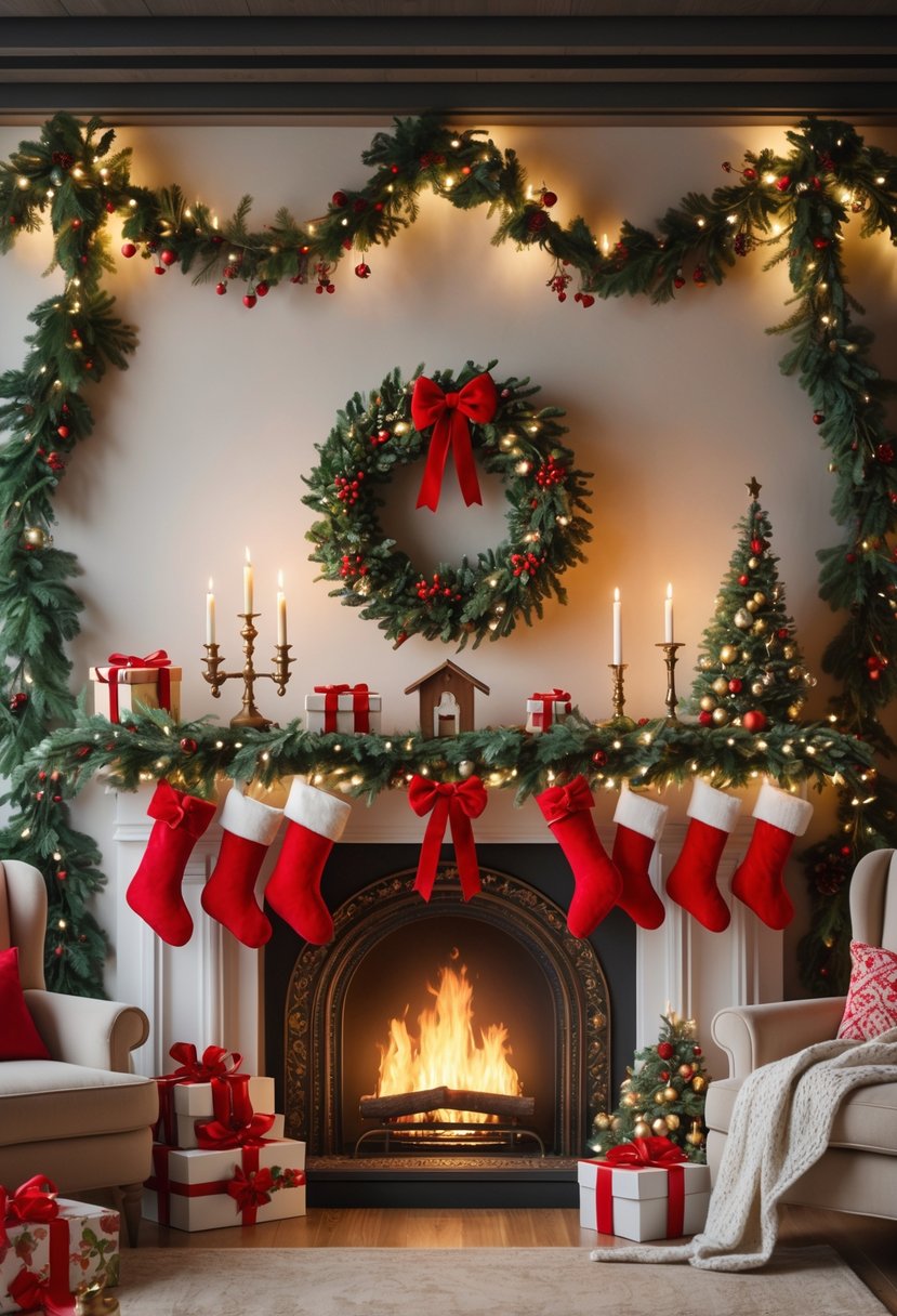 A warm living room with a decorated Christmas fireplace mantel featuring garlands, stockings, candles, gift boxes, a wreath, baubles, a nativity scene, and mistletoe, with a glowing fire below.