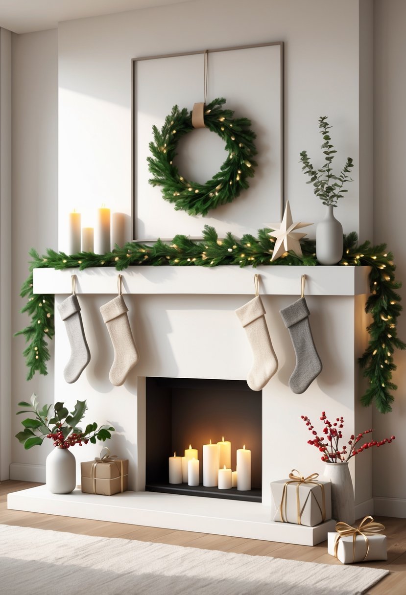 A Christmas fireplace mantel decorated with a pine garland, candles, stockings, a wooden star, eucalyptus in a vase, a geometric wreath above, and wrapped presents on the side.