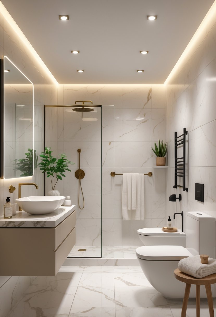 A small luxury bathroom with a floating vanity, vessel sink, glass shower, freestanding bathtub, and decorative plants.