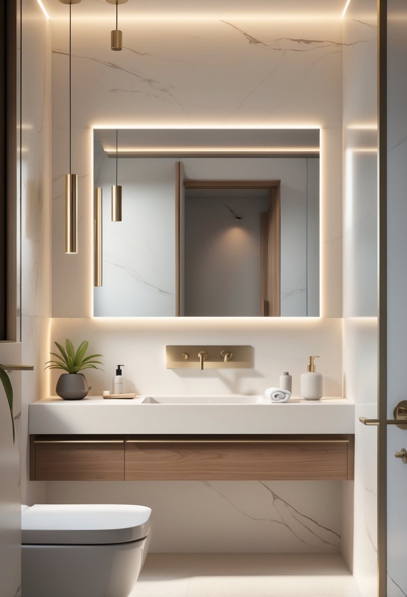 A small bathroom with a floating vanity mounted on the wall, open floor space underneath, a large mirror above, and elegant fixtures and decor.