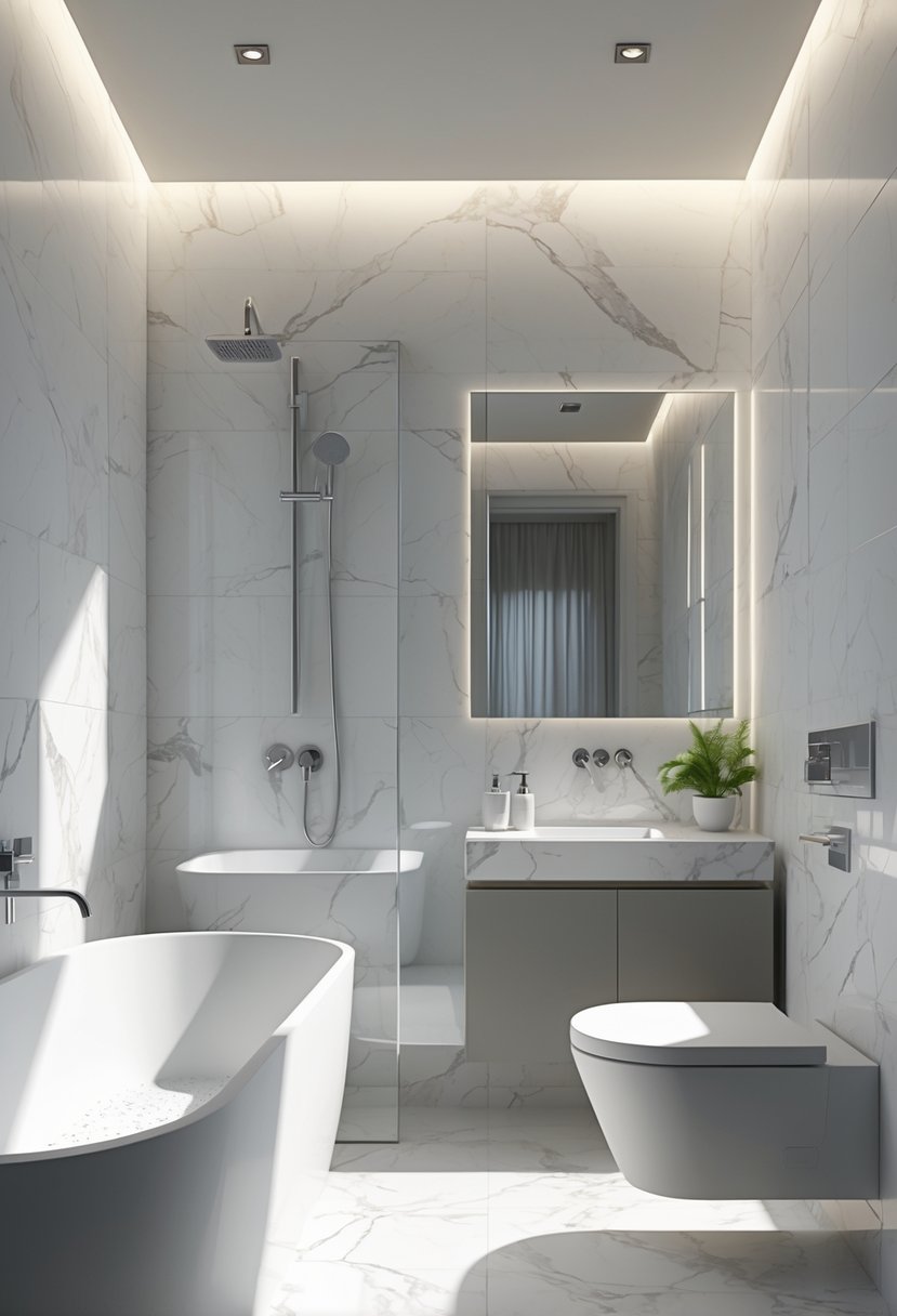 A small bathroom with large marble tiles on the walls and floor, featuring a freestanding bathtub, wall-mounted vanity, glass shower, and soft lighting.