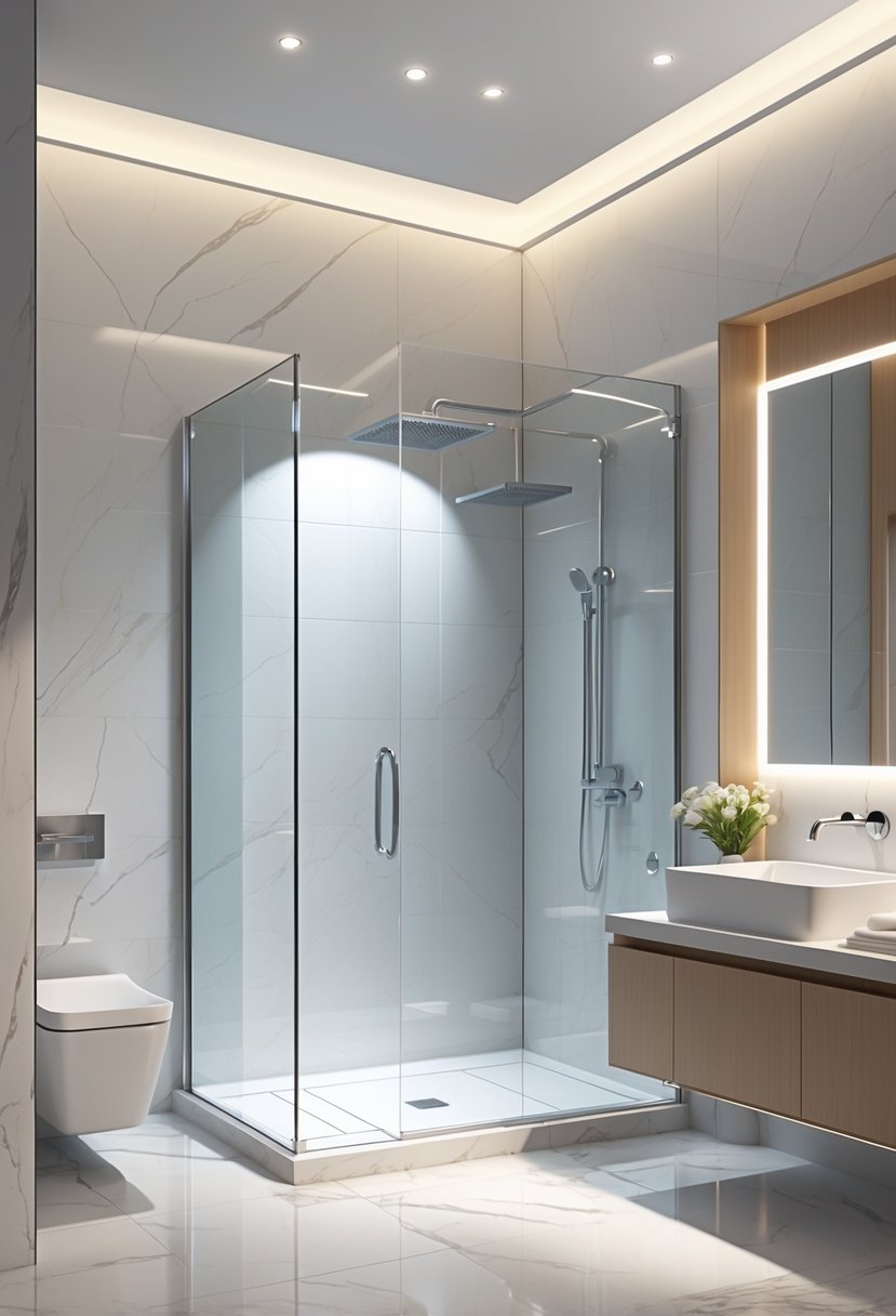 Small luxury bathroom with a frameless glass shower enclosure, marble floors, modern vanity, and soft lighting.