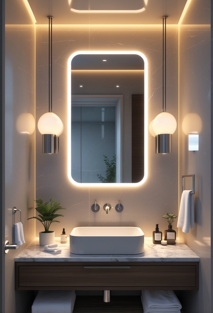 Small luxury bathroom with a backlit mirror above a vanity and elegant fixtures.