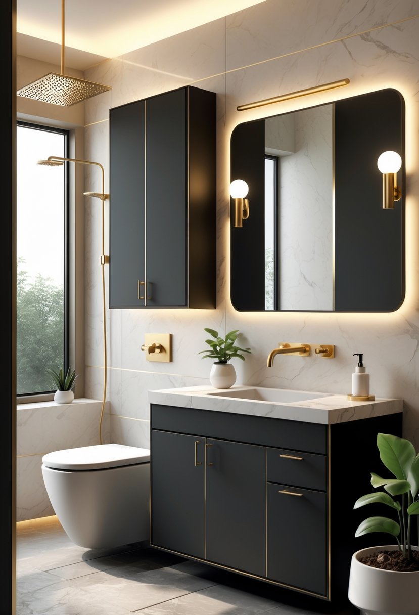A small bathroom with gold and matte black fixtures, a white sink, mirror, and a small plant on the countertop.