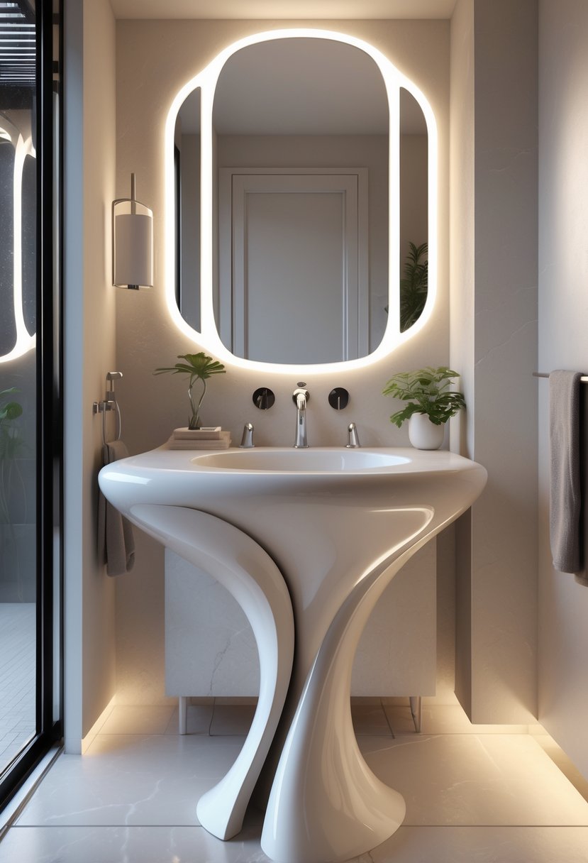 A small bathroom with a sculptural pedestal sink as the centerpiece, surrounded by elegant fixtures and minimal decor.