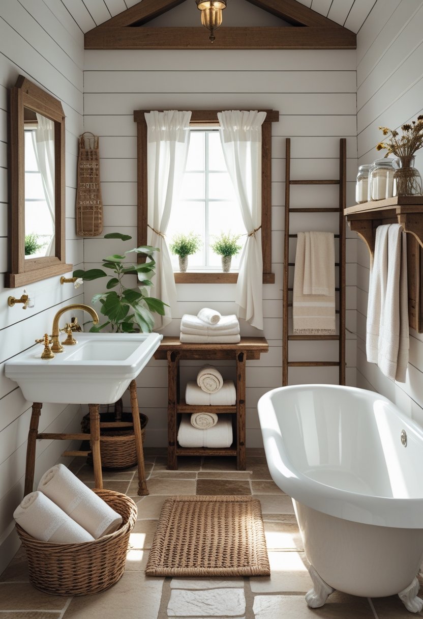 A bathroom with a wooden framed mirror, white sink, clawfoot bathtub, wooden ladder with towels, wicker basket, glass jars on a shelf, and a small green plant.