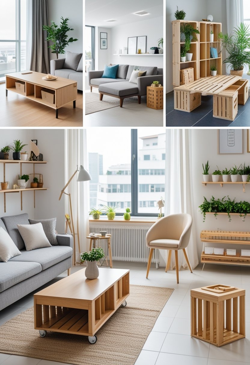 A modern living room displaying seven different furniture hacks including hidden storage, removable covers, floating shelves, and a foldable desk.