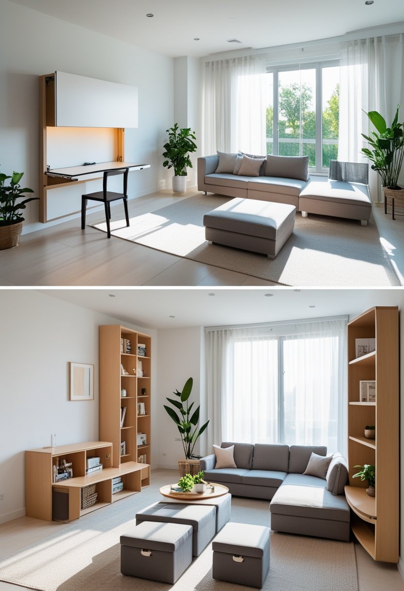 A modern living room displaying seven different space-saving furniture solutions including a fold-down desk, storage ottoman, sofa drawers, tall bookshelf room divider, nested stools under a coffee table, a partially folded Murphy bed, and corner shelves.
