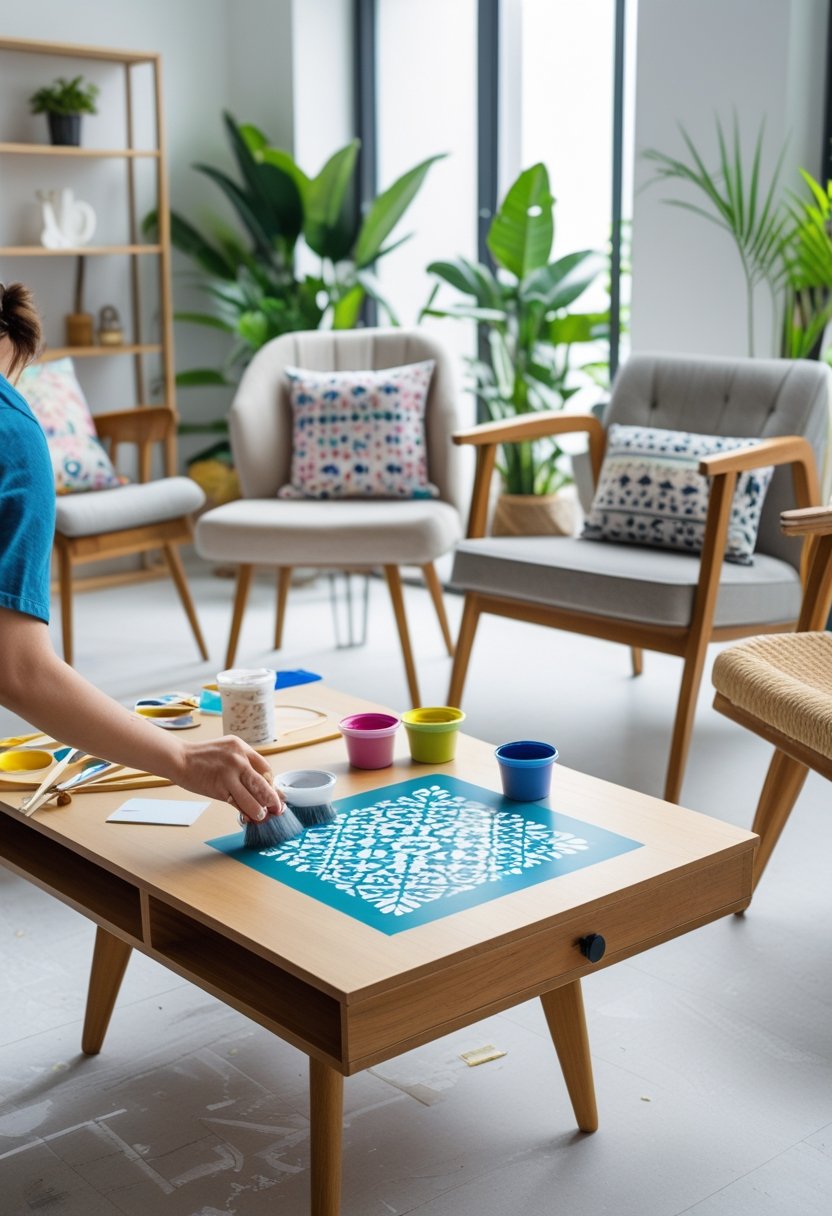 Person customizing a wooden coffee table in a bright living room with tools and paint, surrounded by furniture with decorative accents.