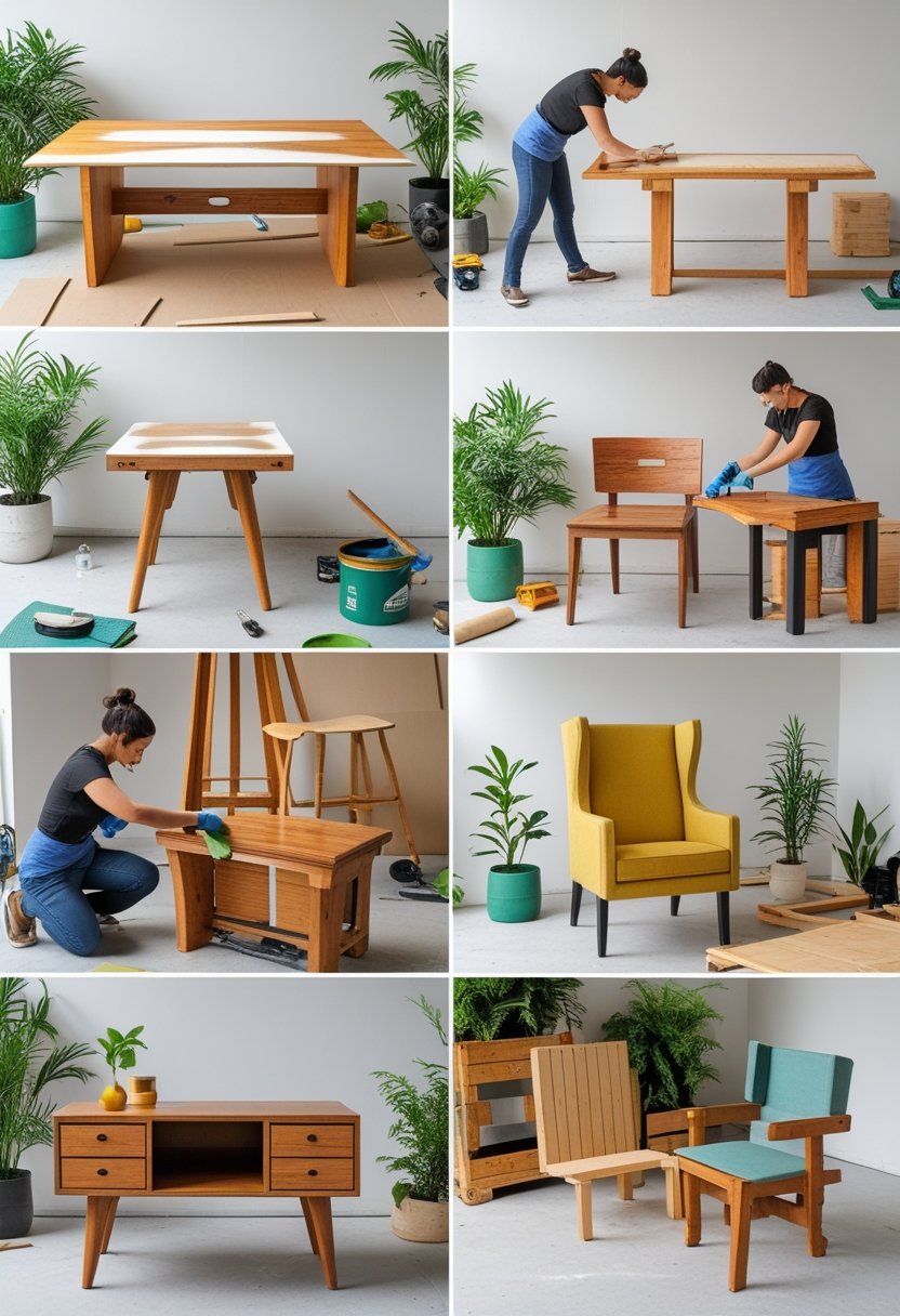 A workshop with people working on various sustainable furniture projects using reclaimed wood and eco-friendly materials.