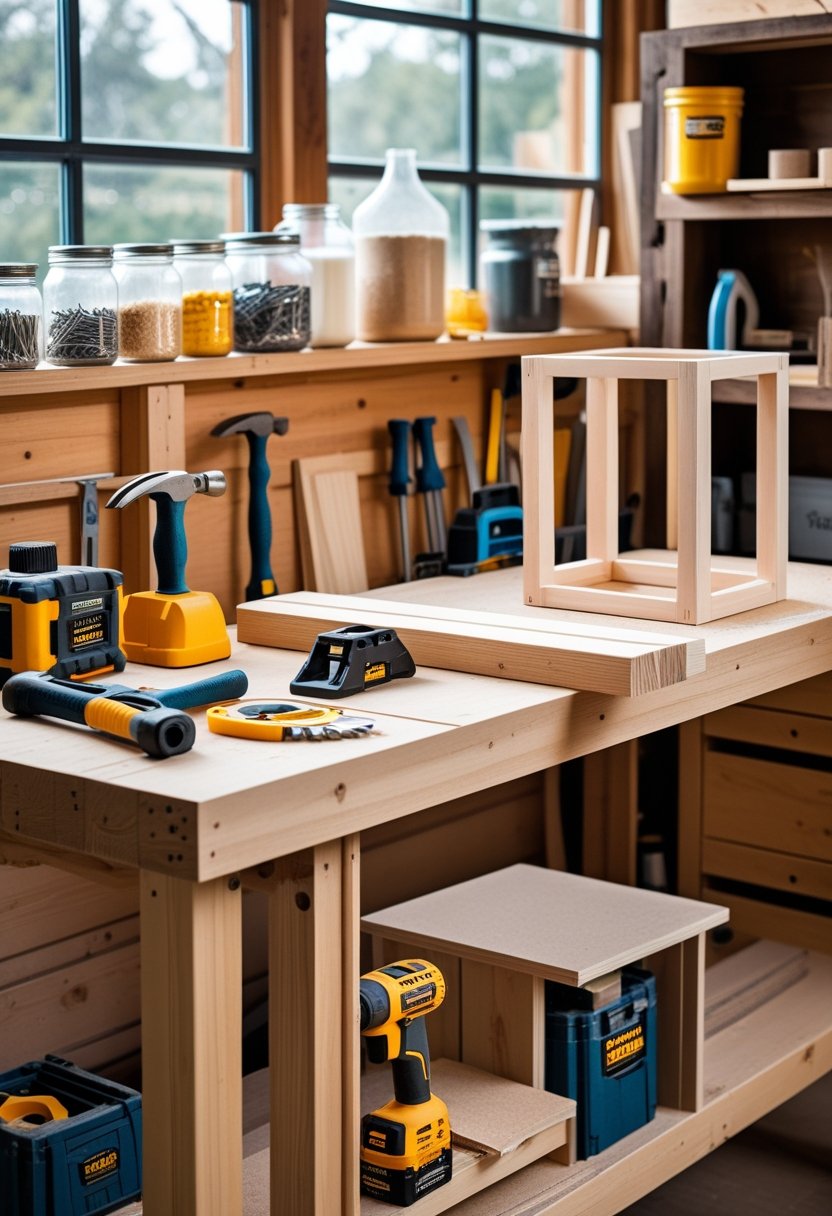 A woodworking workshop with tools and partially assembled wooden furniture on a workbench.