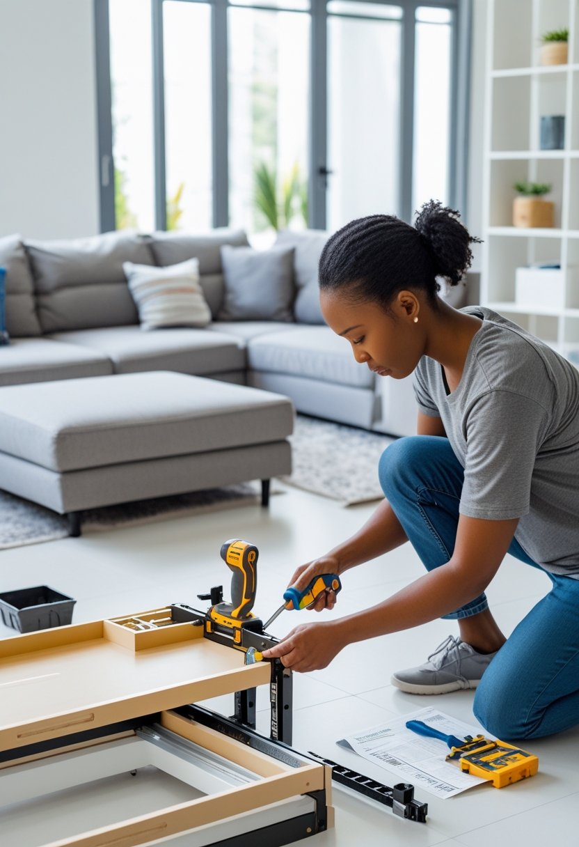 A person assembling furniture in a bright living room with tools and neatly arranged furniture around.