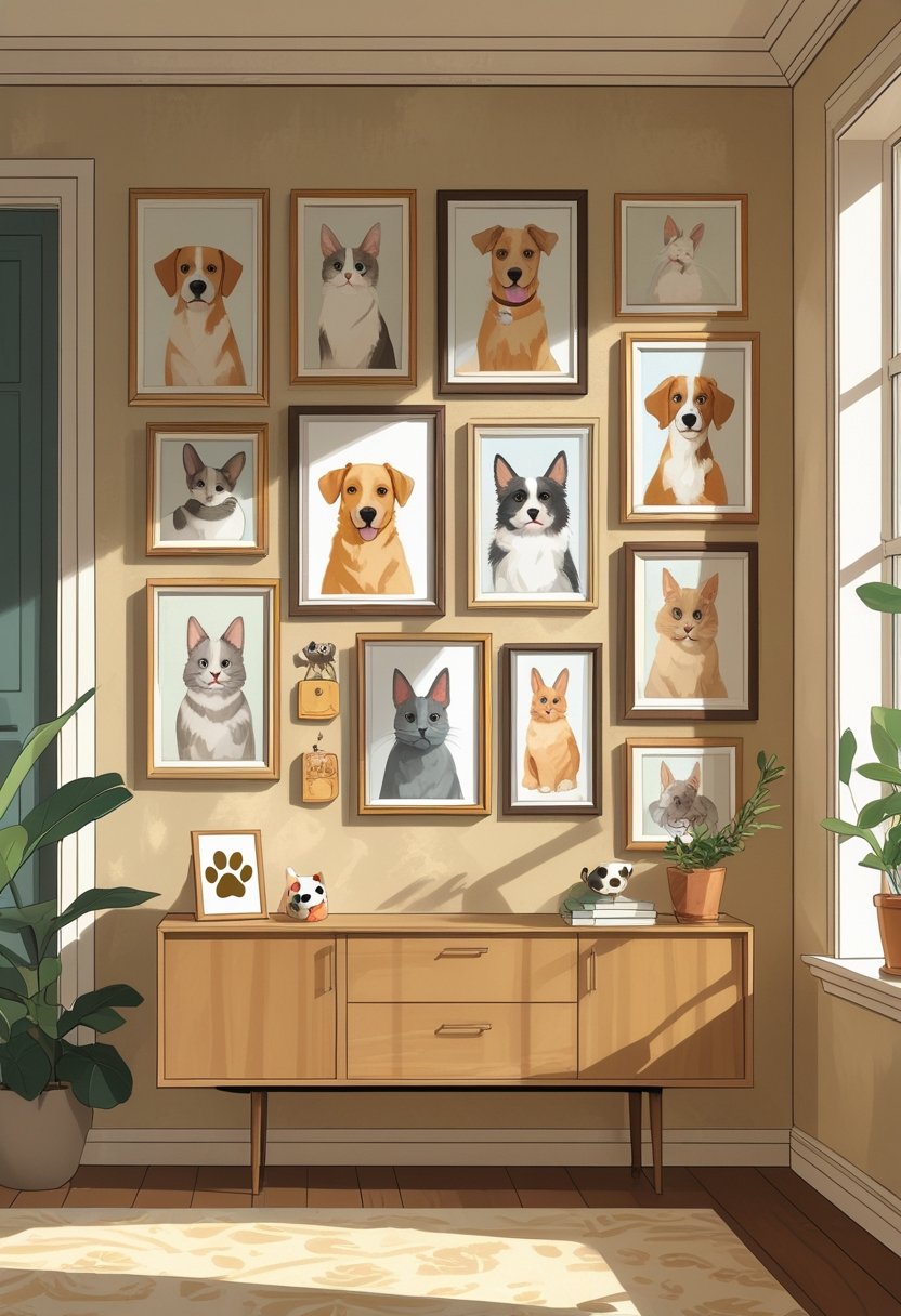 A wall decorated with framed portraits of various pets including dogs, cats, birds, and rabbits, displayed above a wooden console table with pet-related decorations.