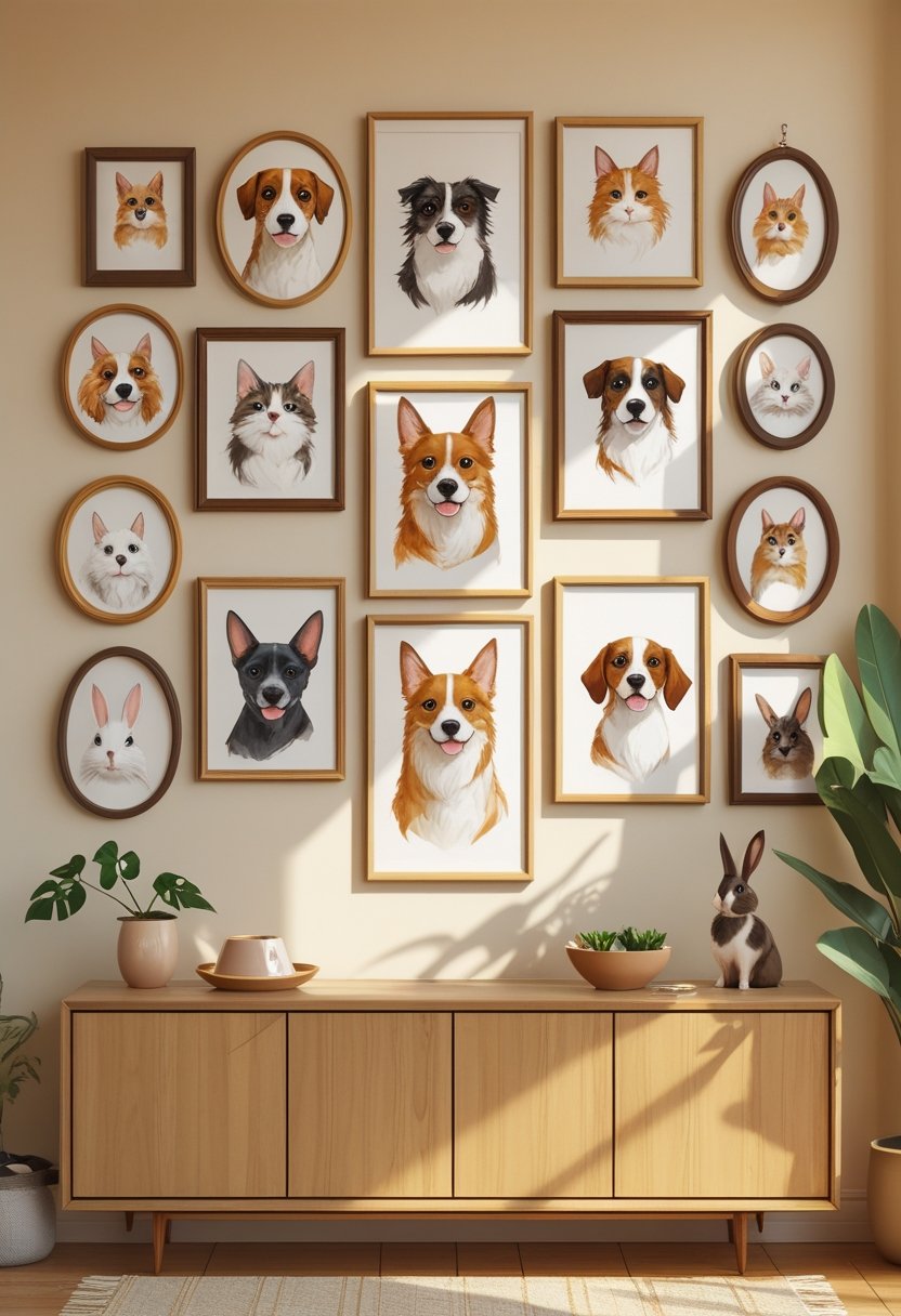 A living room wall decorated with framed portraits of various pets including dogs, cats, birds, and rabbits arranged above a wooden console table with pet decor items.