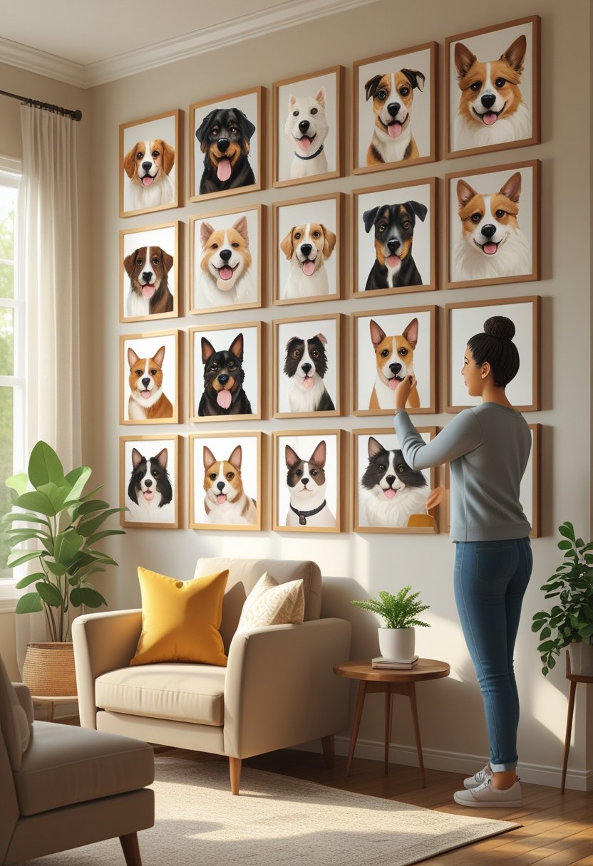 A person selecting a photo in a living room with a wall covered in framed pet portraits.