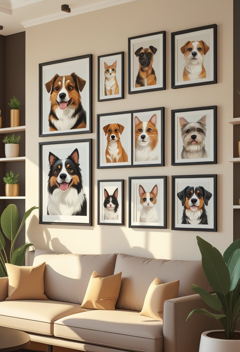 A living room wall decorated with framed portraits of various pets including dogs, cats, and birds, arranged in a balanced and visually appealing way.