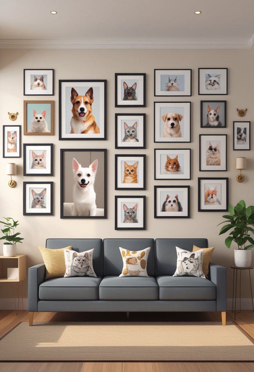 A living room wall with a neatly arranged gallery of framed pet photos and artwork, featuring various animals and balanced spacing.