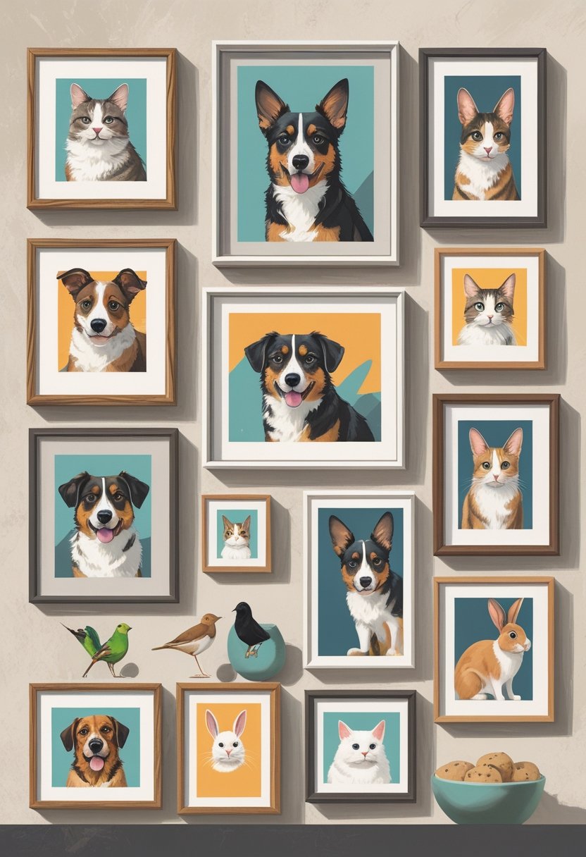 A gallery wall displaying framed portraits of various pets including dogs, cats, birds, and rabbits arranged in different sizes and frame materials.