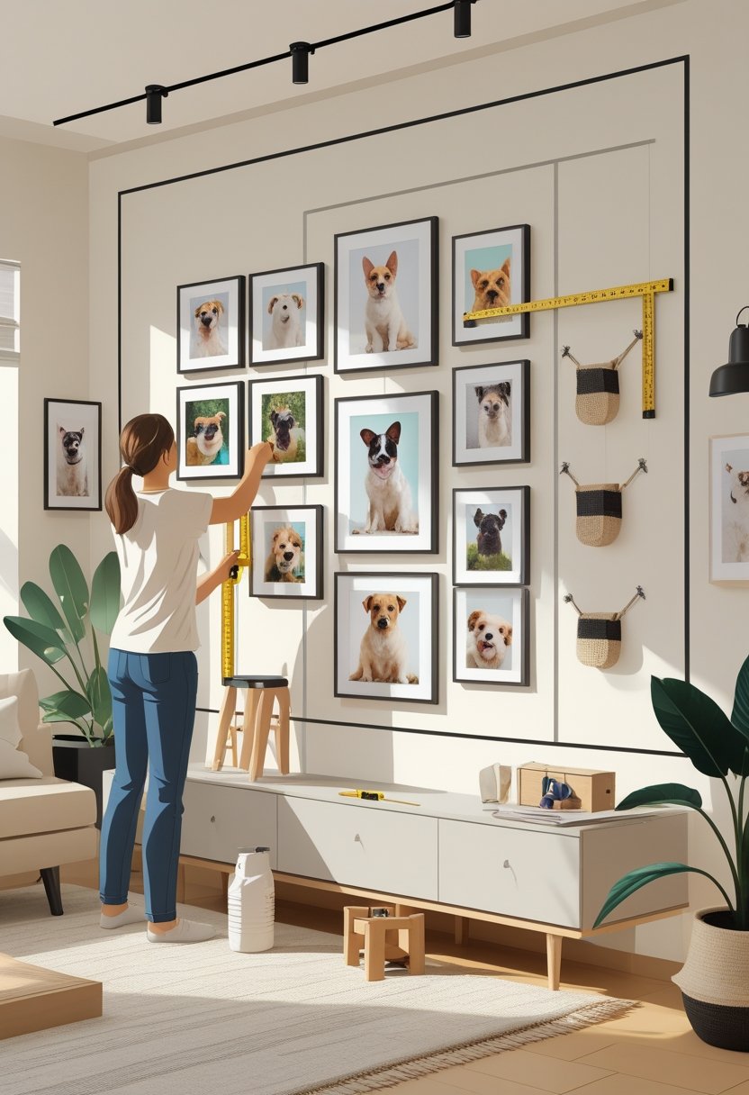 A person arranging framed pet photos on a wall using measuring tools in a cozy living room.