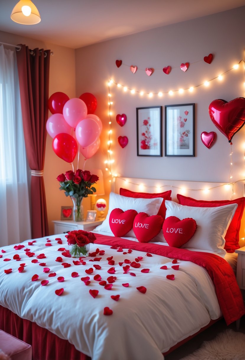 A bedroom decorated with red and pink Valentine's Day decorations including heart-shaped pillows, rose petals on the bed, balloons, and a vase of red roses on a bedside table.