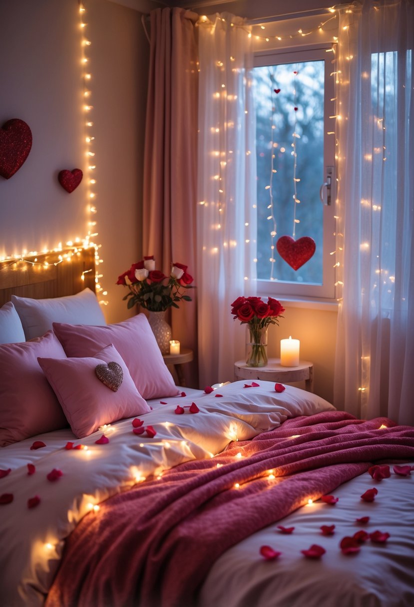 A romantic bedroom with twinkly fairy lights, a bed decorated with red and pink bedding and rose petals, a vase of red roses, and a lit candle on a bedside table.