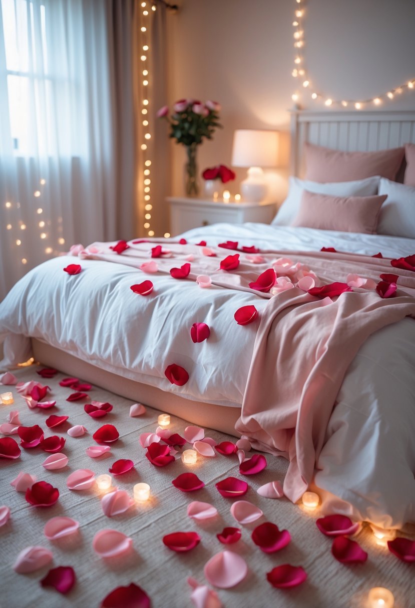 A bedroom with a bed covered in white and pink linens scattered with red and pink rose petals, softly lit with warm lighting.