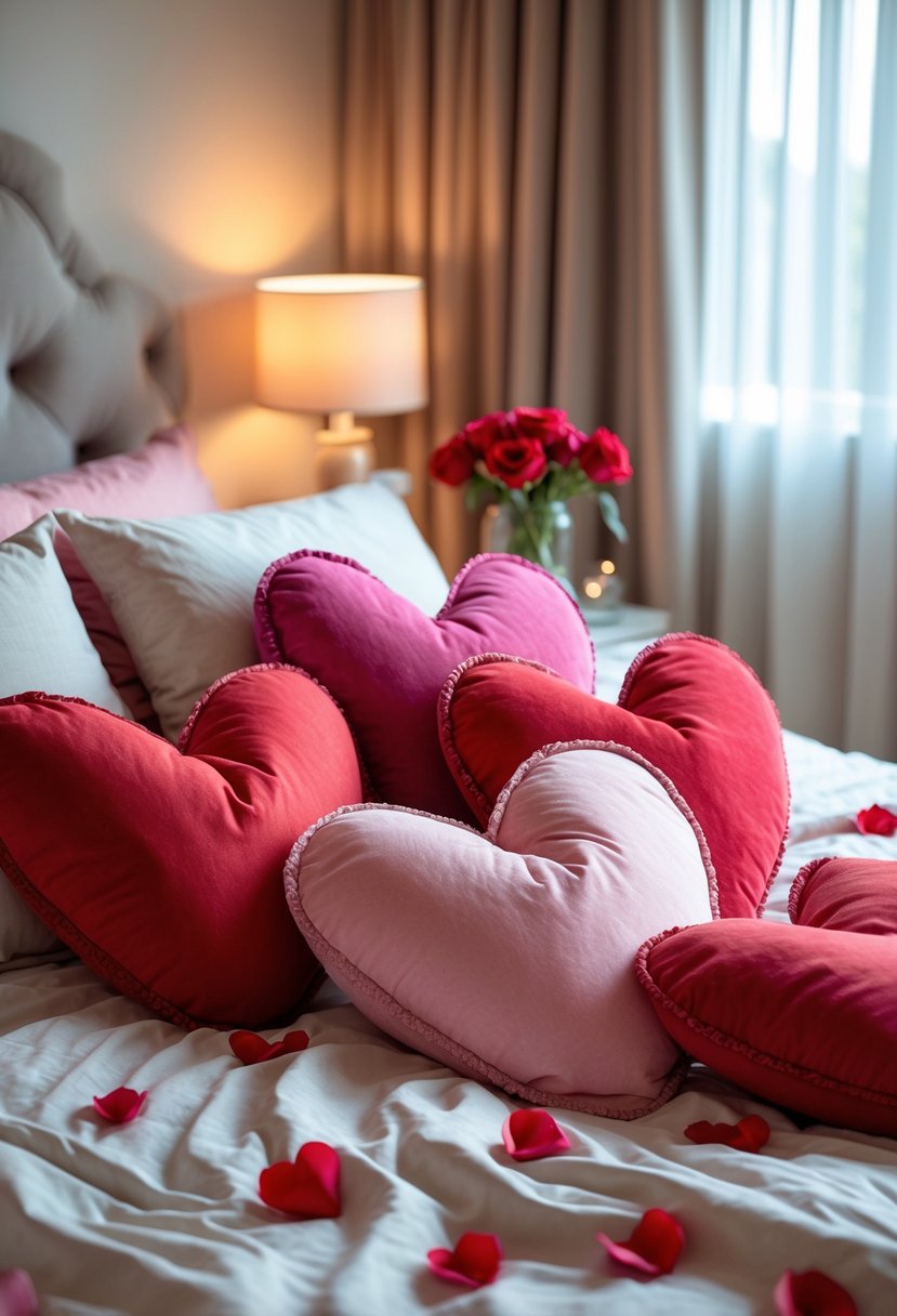 A bedroom with a neatly made bed adorned with red and pink heart-shaped throw pillows, soft bedding, rose petals, and a vase of red roses on a bedside table.