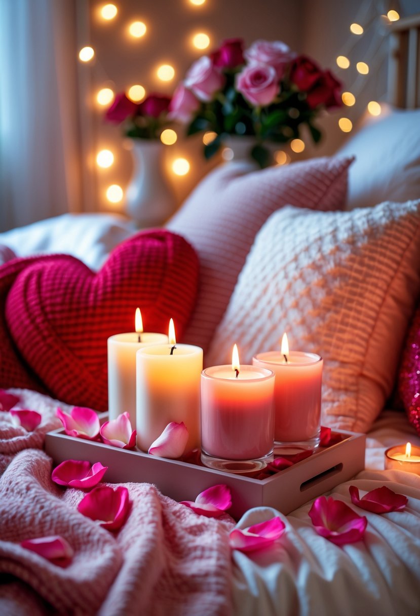 A romantic bedroom with lit vanilla and rose scented candles, rose petals on the bed, and soft pillows and blankets.