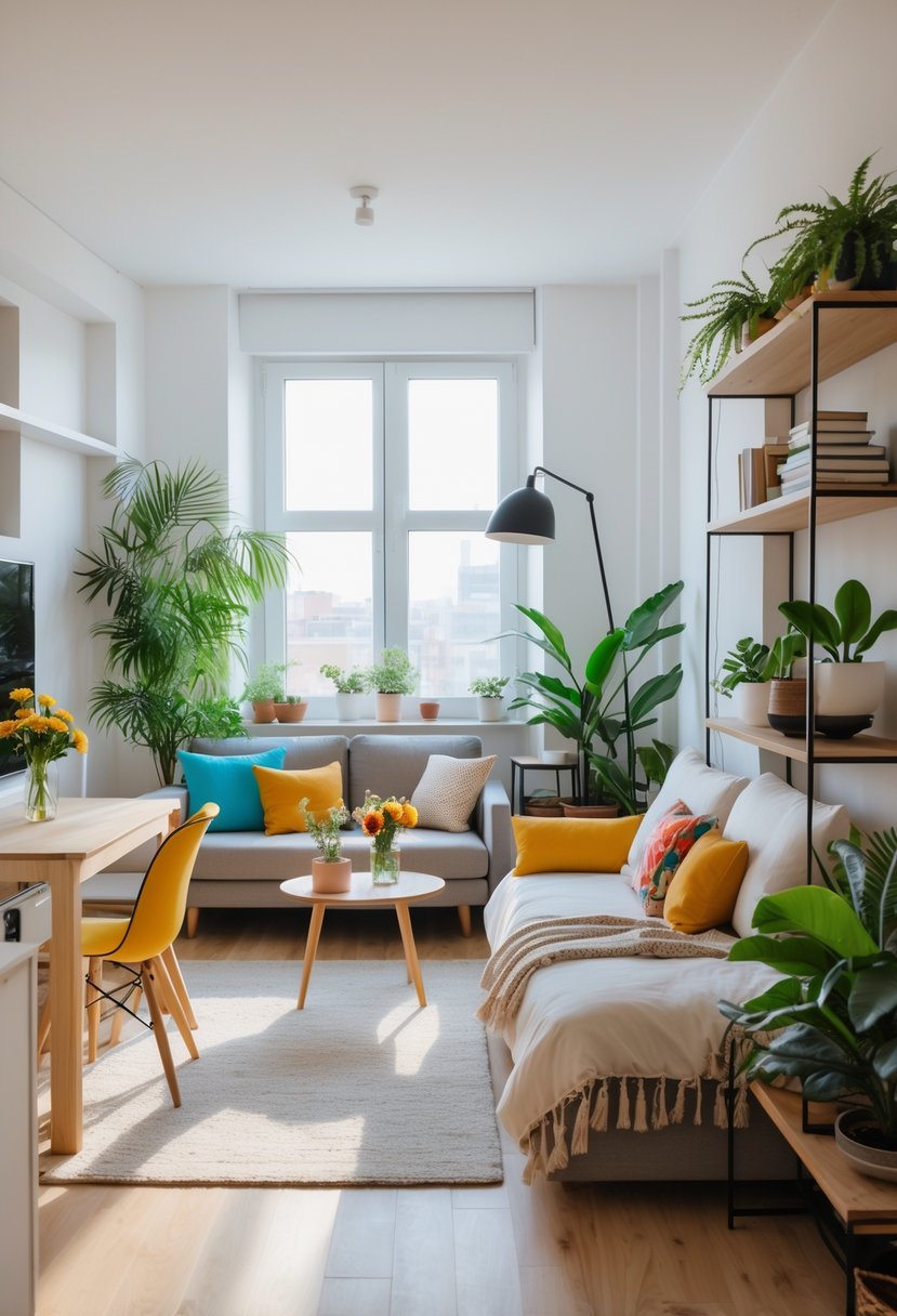 A one-room apartment with a living area, dining table, bed, large windows, and plants.