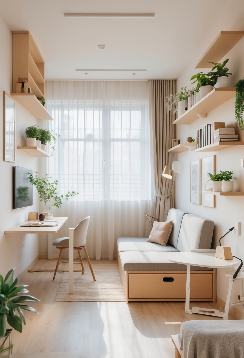 A bright one-room apartment with a sofa bed, foldable dining table, workspace, and shelves filled with plants and books.