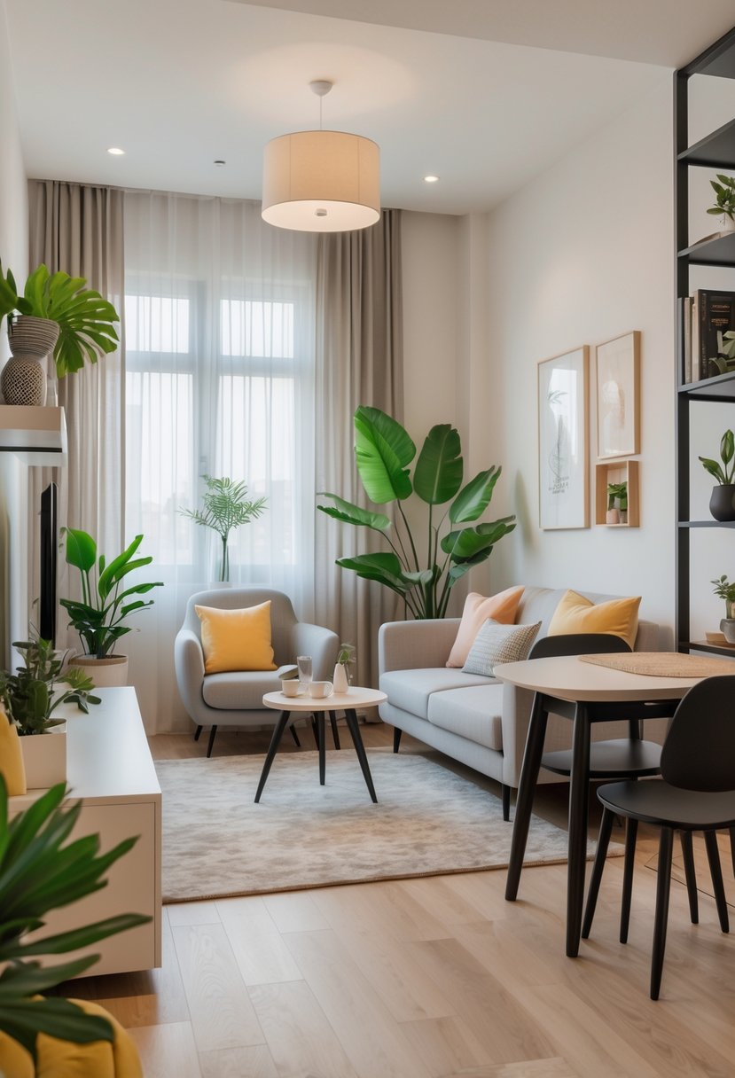 A one room apartment interior with a sofa, coffee table, dining area, plants, and large windows letting in natural light.