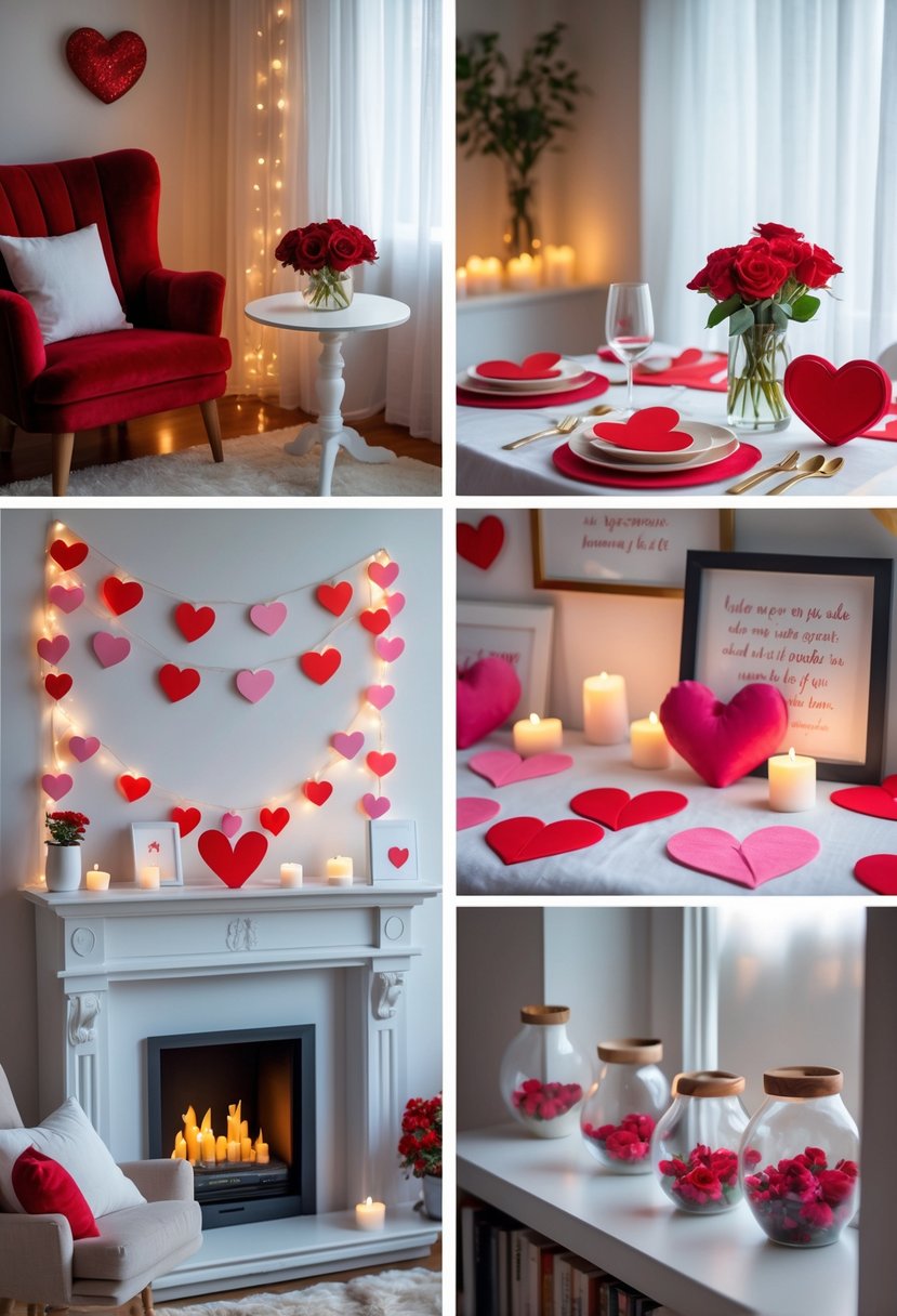 A living room with five different Valentine's Day decoration ideas including a cozy armchair with roses, a romantic dining table setting, a mantel with heart garlands and candles, a bookshelf with heart cushions and red books, and a window sill with hanging terrariums and string lights.