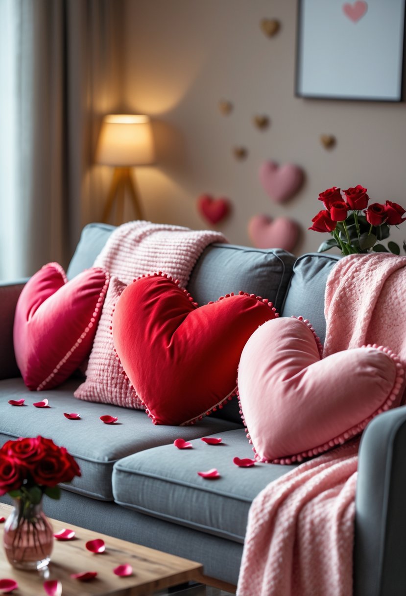 A cozy sofa with red and pink heart-shaped throw pillows surrounded by Valentine's Day decorations like rose petals and a vase of red roses.