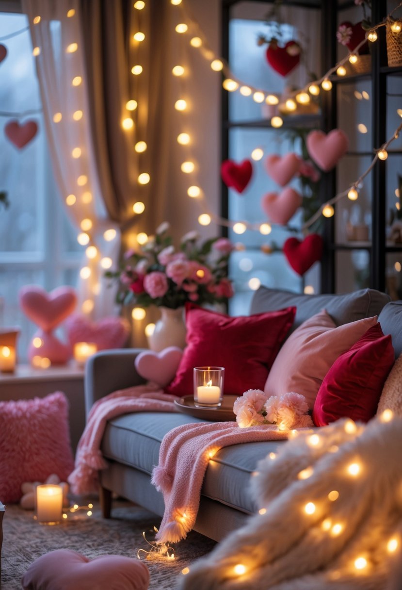 A cozy room decorated with string fairy lights glowing warmly, red and pink cushions, heart-shaped ornaments, and flowers creating a romantic atmosphere.