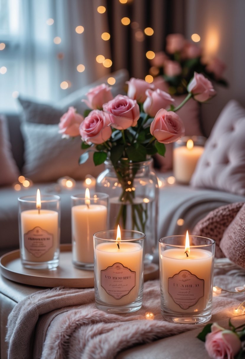 A cozy living room corner with glowing rose and vanilla scented candles, fresh roses, cushions, and soft lighting creating a warm and romantic atmosphere.