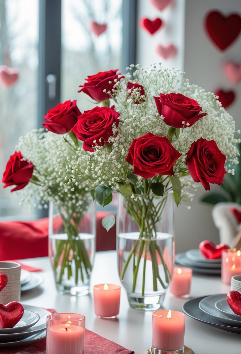 A table with floral arrangements of red roses and white baby's breath in glass vases surrounded by Valentine's Day decorations.
